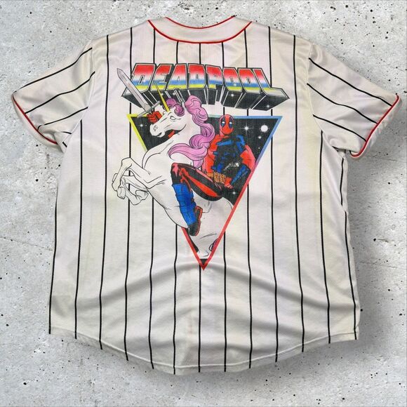 Marvel Deadpool Unicorn Baseball Jersey XL Pinstripe Red Trim Button-Up C-Life - Picture 2 of 10